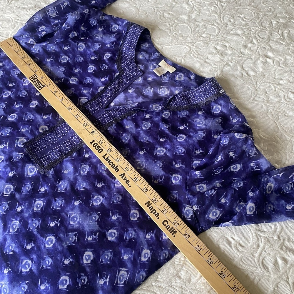 Chicos L Sheer Blue Artsy Sequin V-neck 3/4 Sleeve Tunic Blouse Boho Festival - Picture 10 of 13